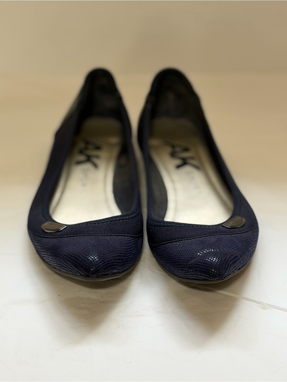 Anne Klein Navy Textured Ballet Flats with Metallic Accent
